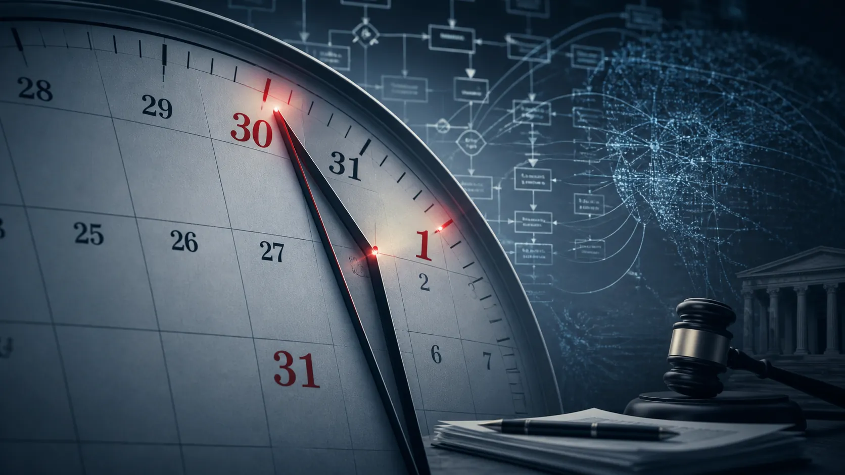 Calendar dates for July 30, August 31, and January 1 over an abstract AI network and legal document background