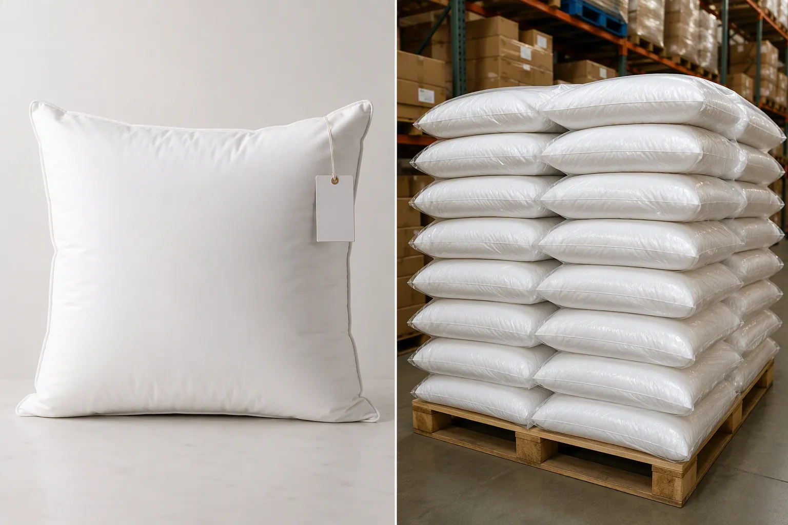 Single retail-priced pillow contrasted with bulk warehouse pillows