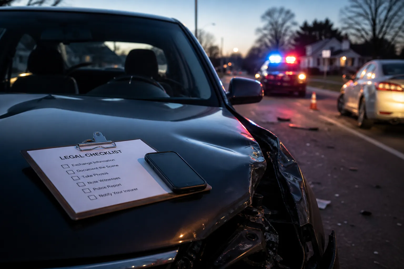 Car crash scene at twilight with emergency lights, a legal clipboard, and a smartphone camera on the hood of a damaged car