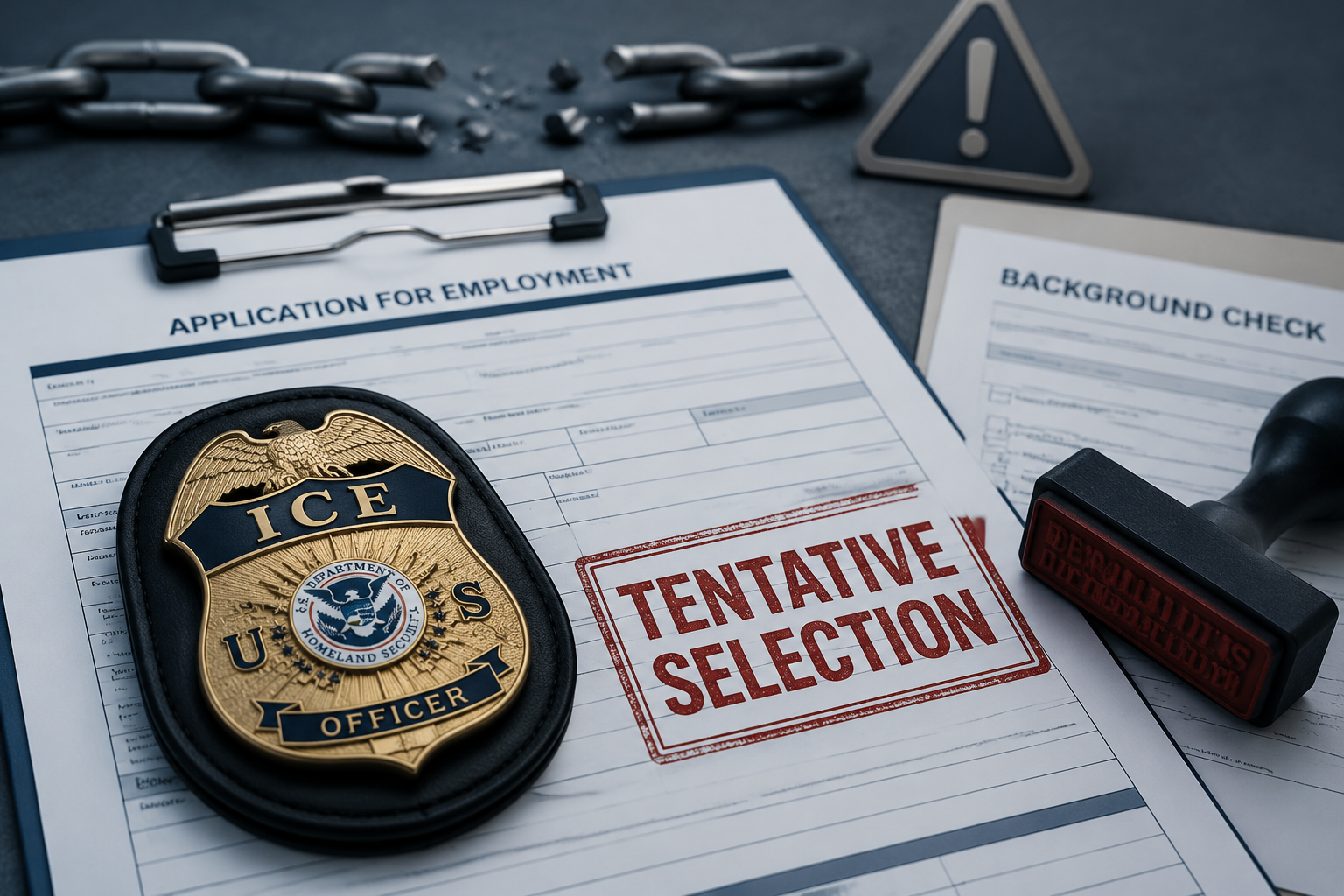 ICE-style law enforcement badge on a tentative selection hiring application beside an incomplete background check document