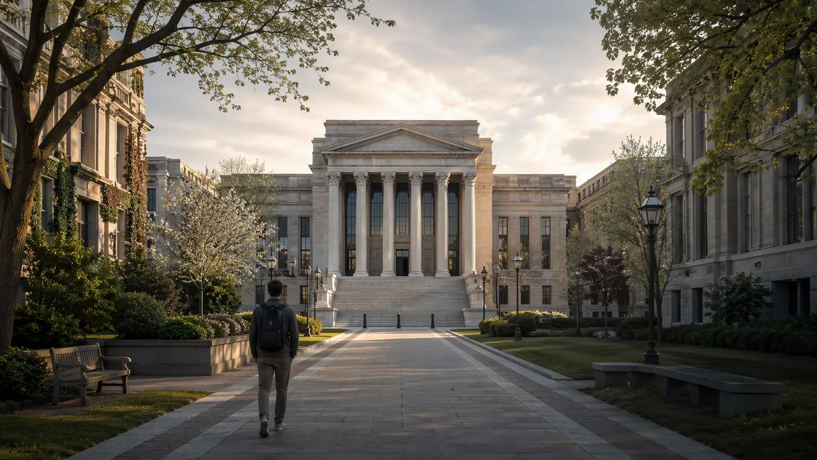 University campus pathway leading toward a federal courthouse facade