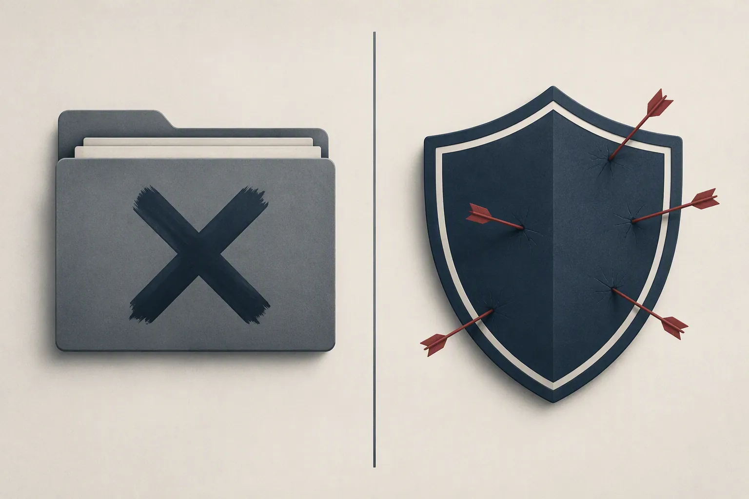 Split illustration contrasting a dismissed folder with a shield pierced by red arrows