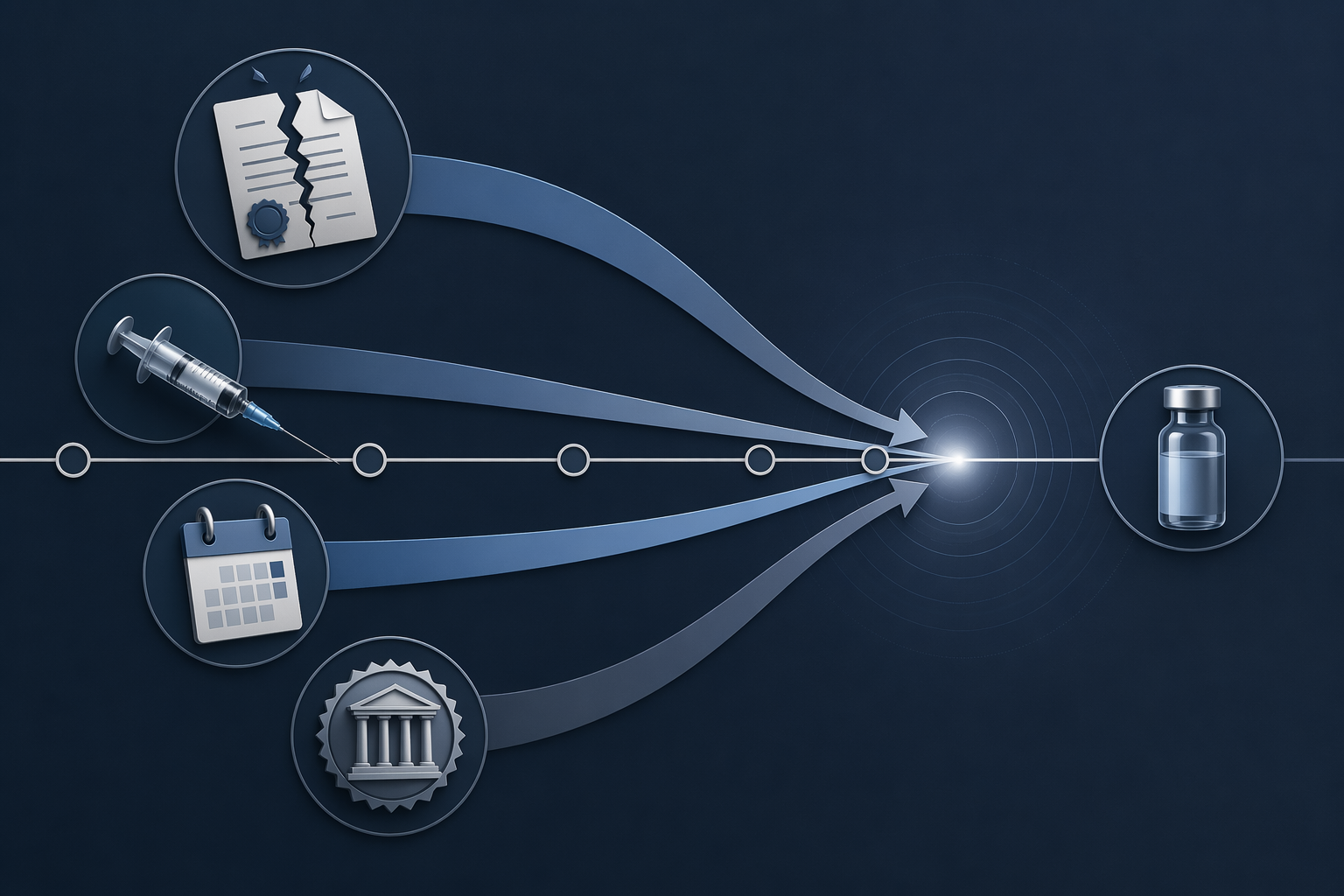 A 2028 to 2029 timeline with patent, syringe, calendar, and regulatory markers converging