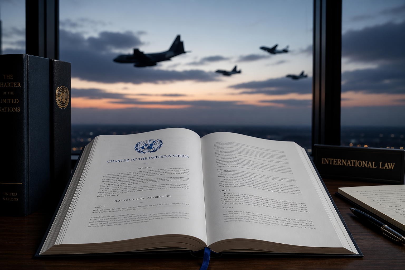 United Nations Charter on a table with military aircraft silhouettes in the background