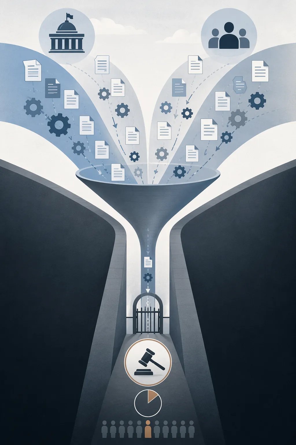 Funnel illustration showing administrative appeal pathways narrowing toward limited judicial review