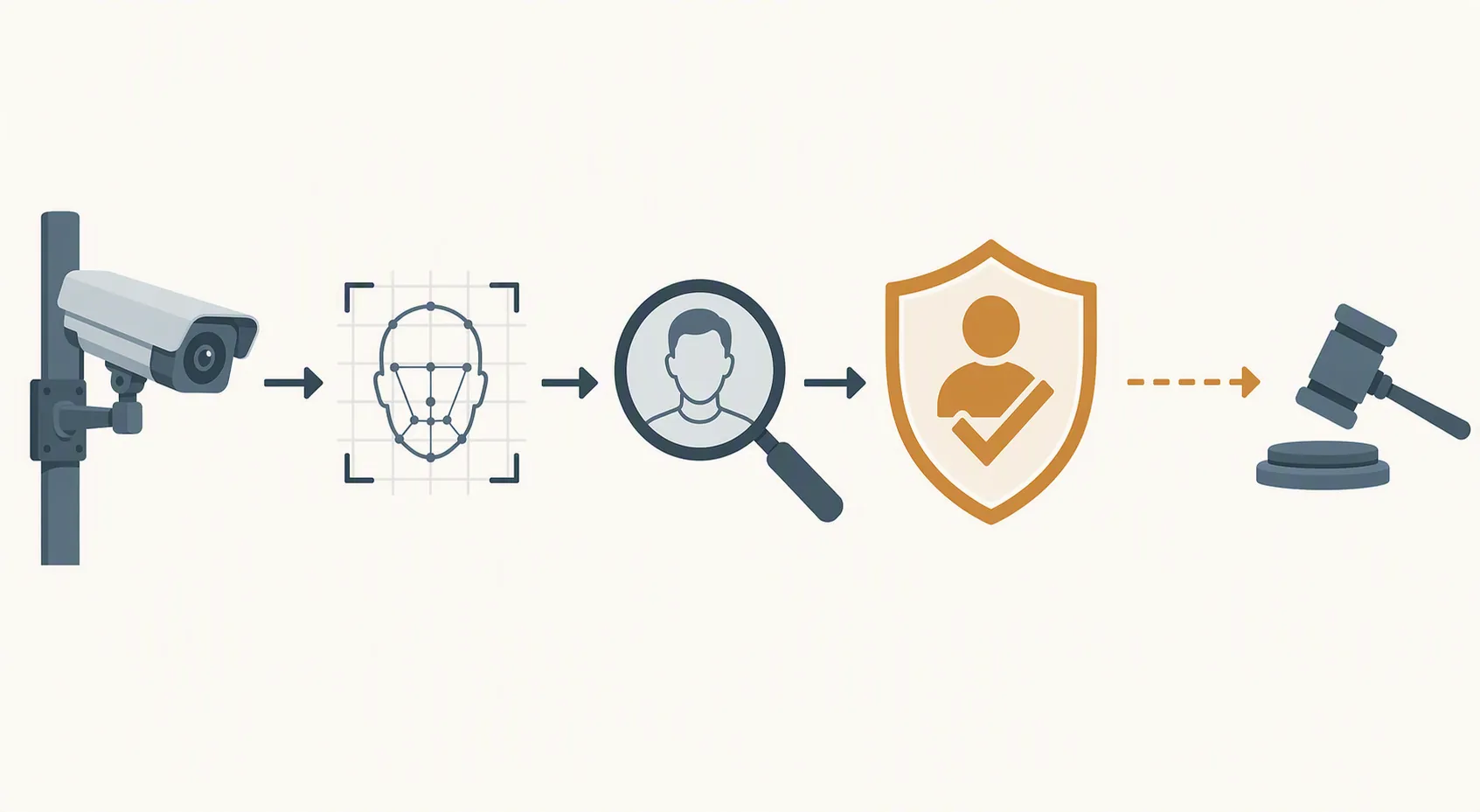 A diagram showing a facial-recognition lead moving through human verification before reaching a gavel