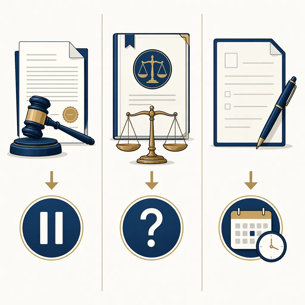Three panels showing a paused trial document, an appeal document with scales, and an unfiled form beside a clock