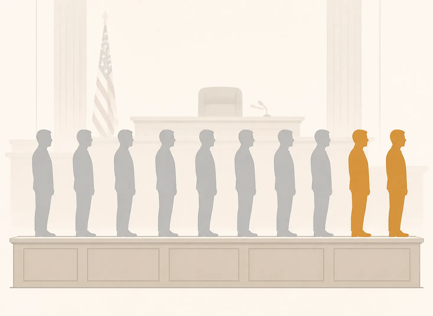Courtroom witness stand illustration showing ten silhouettes with two highlighted