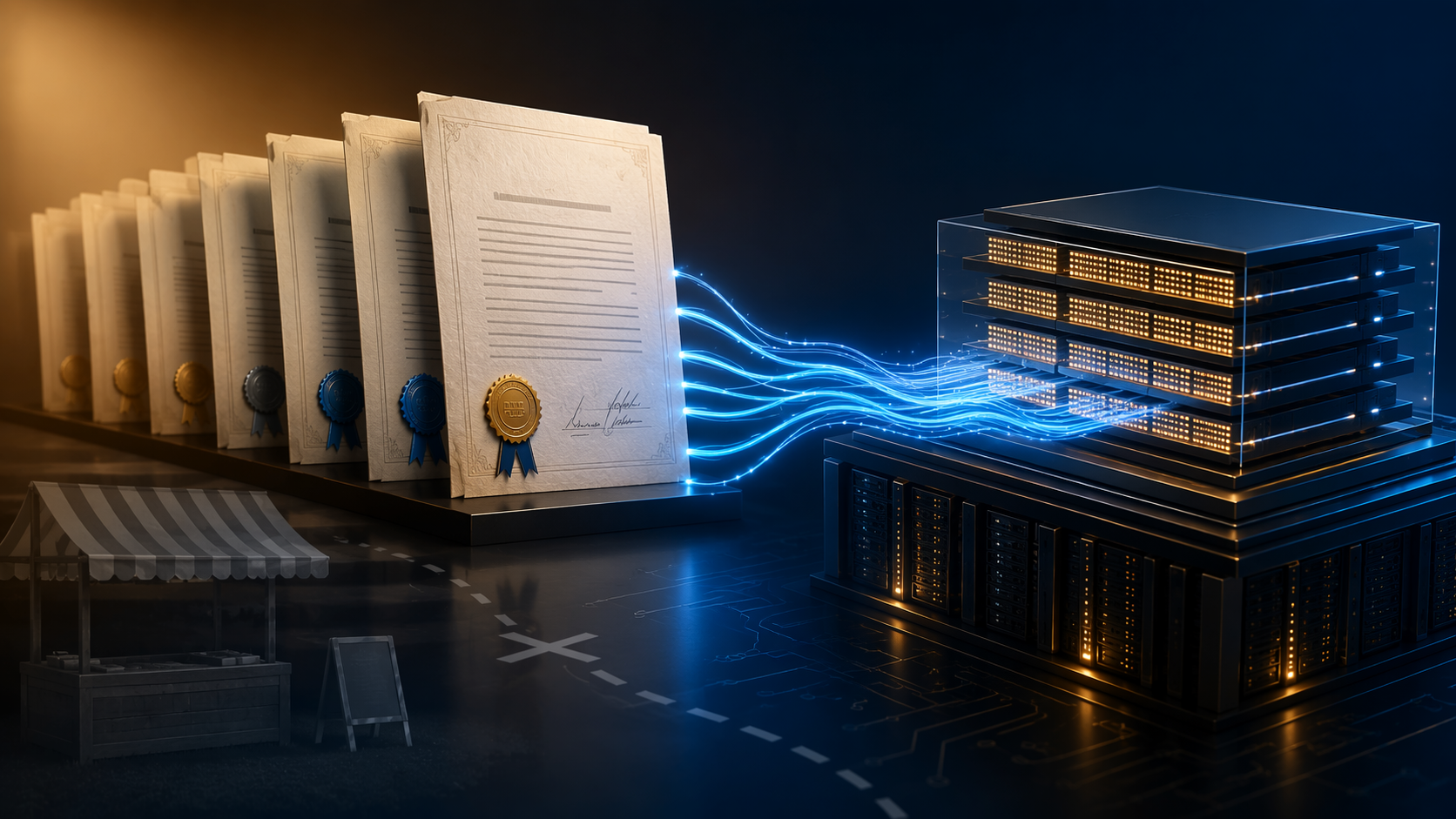 Contract documents feeding into a data center and memory chip stack