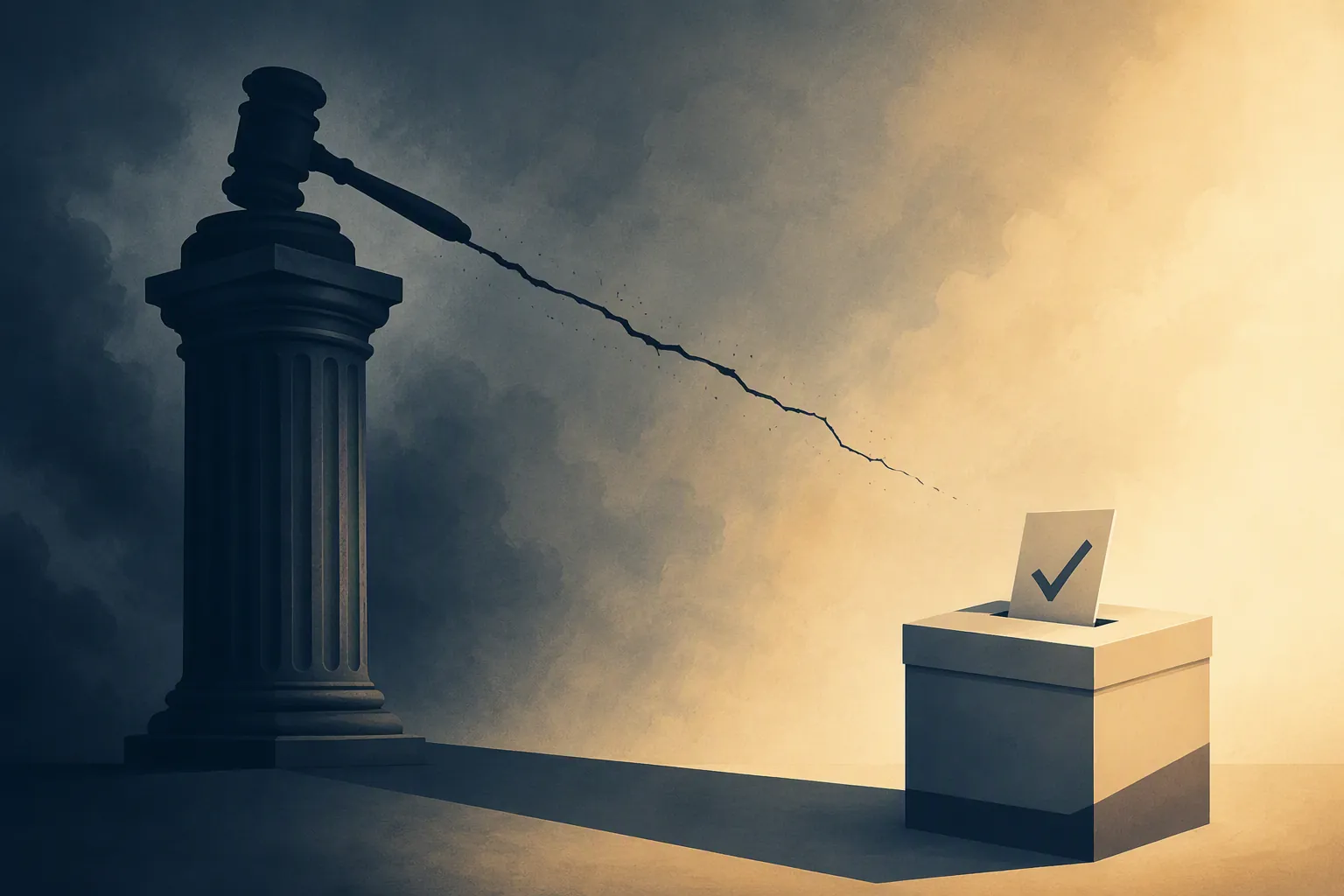 Courthouse column casting a shadow toward a ballot box, suggesting tension between federal prosecution and state election administration