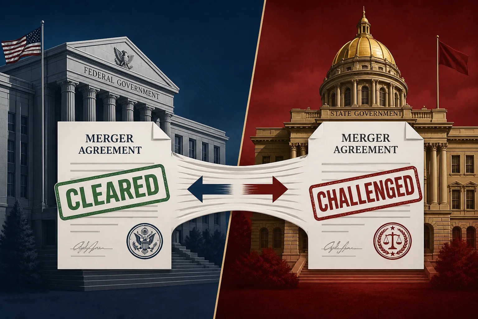 Federal clearance and state challenge pulling the same merger document in opposite directions