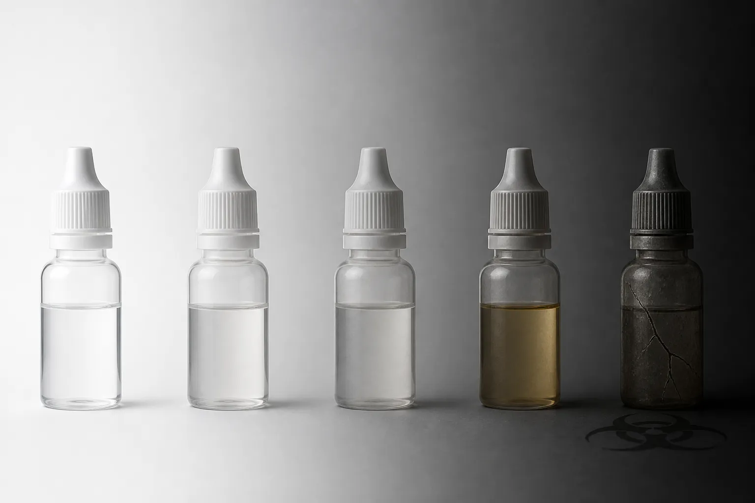 Generic eye-drop bottles fading from clean white to dark shadow, illustrating a risk corridor from sterility-assurance concern to confirmed contamination