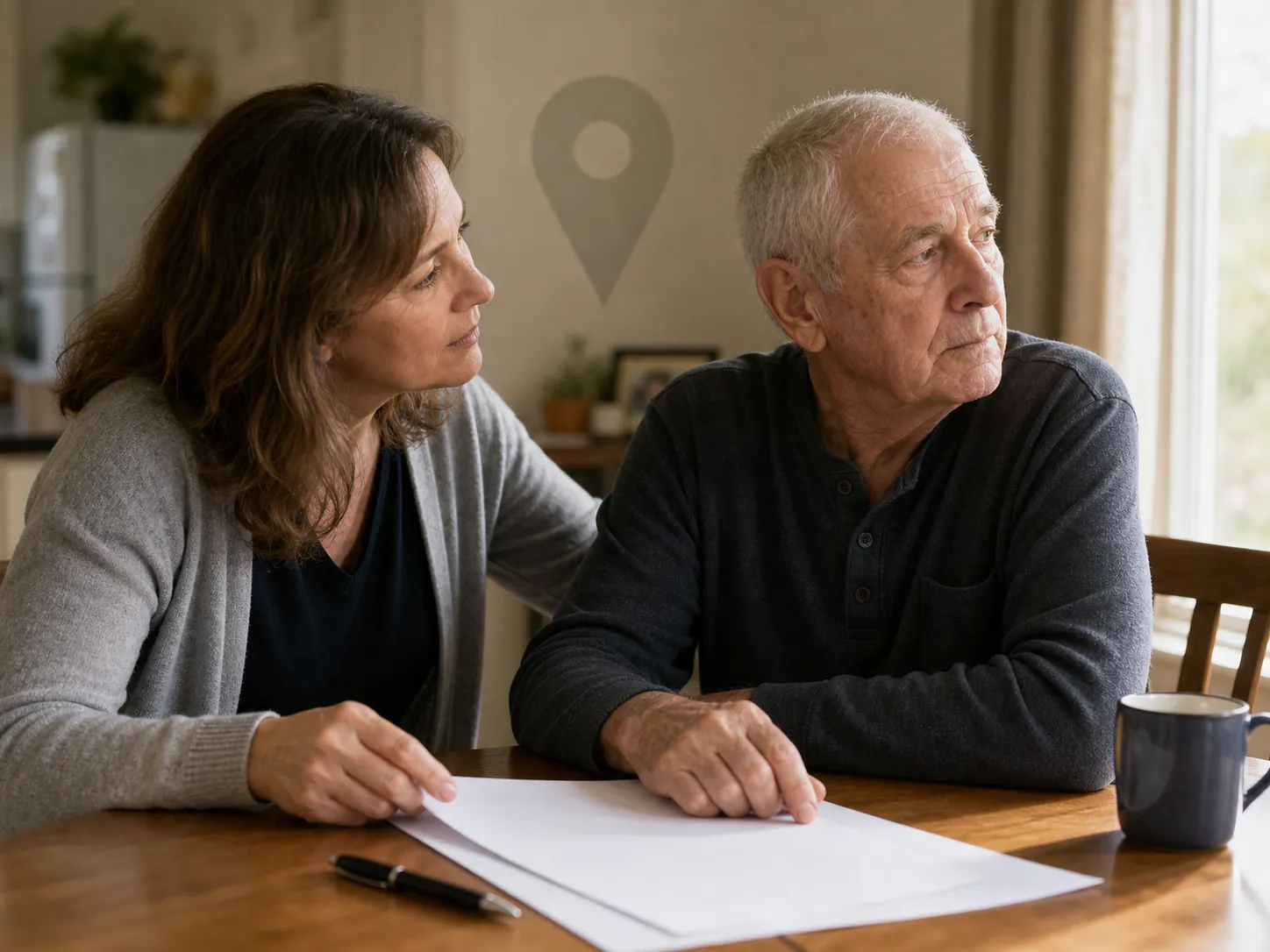 Adult daughter and father with dementia reviewing enrollment paperwork at a kitchen table