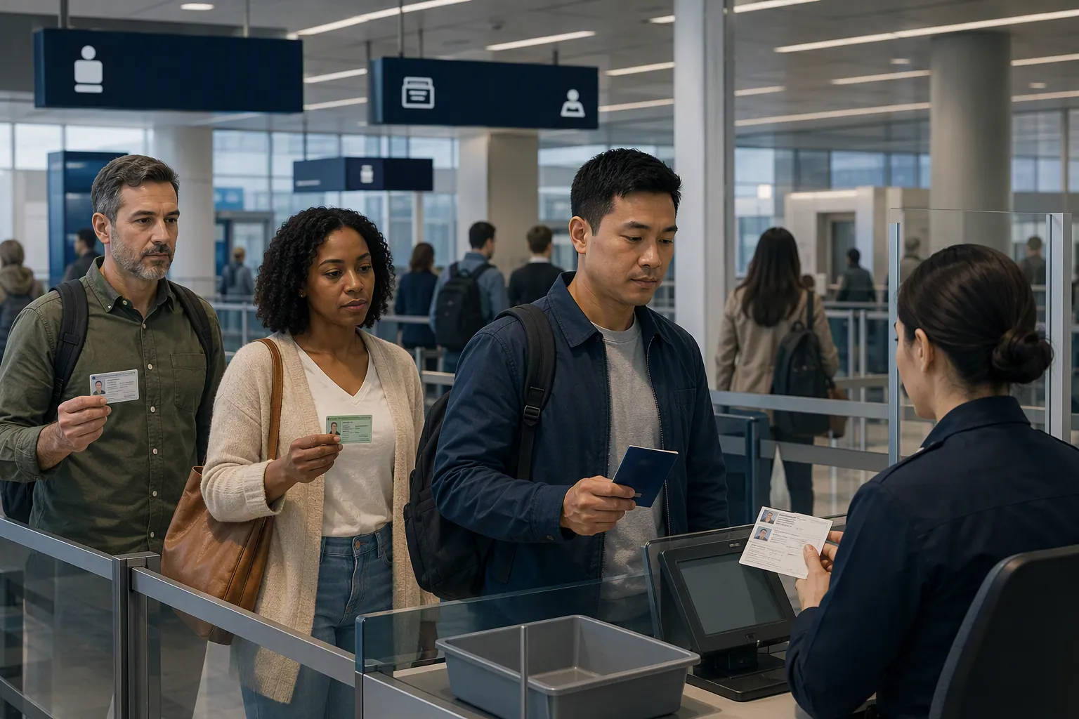 Airport security checkpoint with travelers holding passports, a green card, and a driver’s license