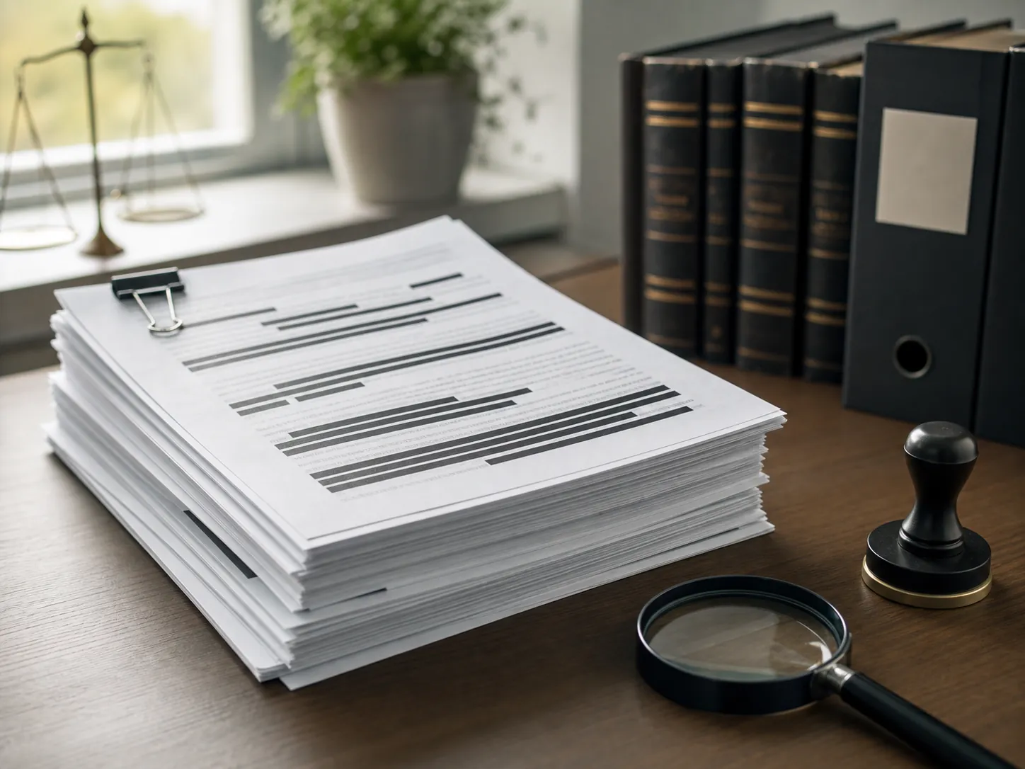 Legal documents with black redaction bars beside a magnifying glass and certification stamp