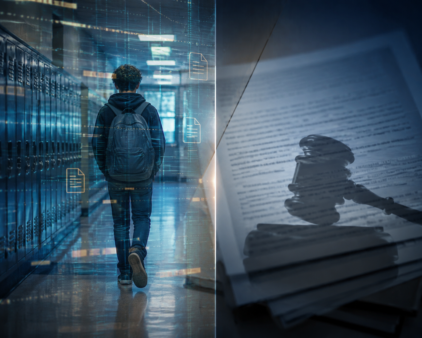 School hallway overlaid with digital scan lines, document icons, and legal imagery