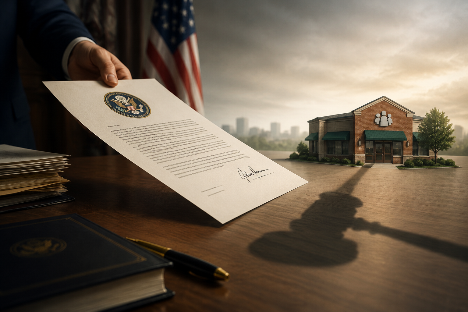 Official government letter casting a gavel-shaped shadow over a small advocacy organization building