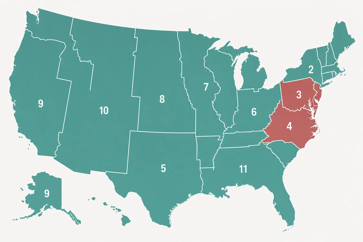Federal appellate circuit map shaded to distinguish circuits ordering immigration bond hearings from circuits adopting a no-bond reading