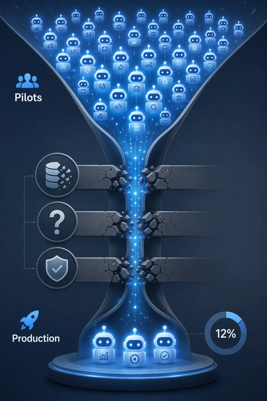 AI agent deployment pipeline narrowing through data, ROI, and governance bottlenecks