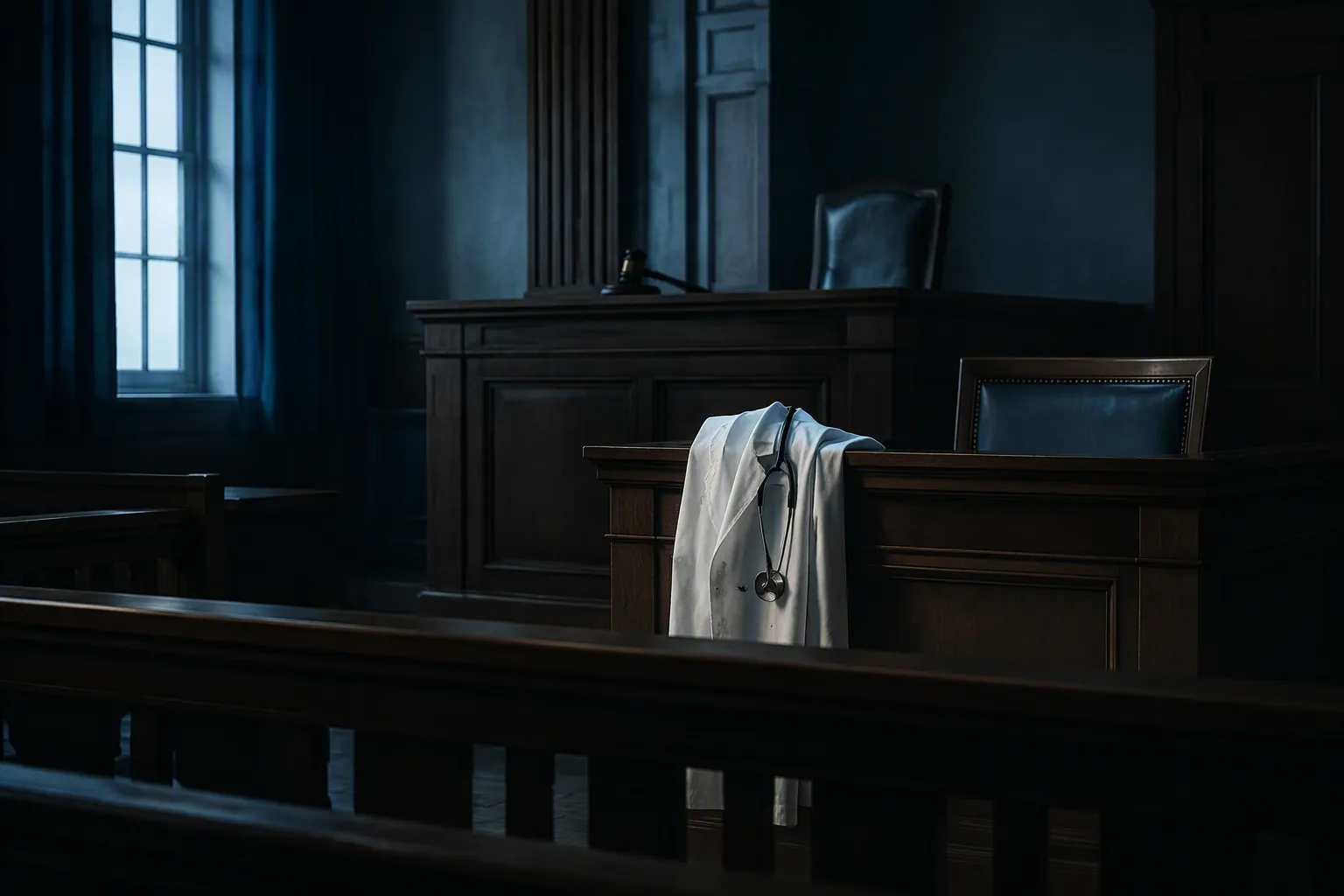 Somber courtroom with a doctor’s coat and stethoscope at the witness stand