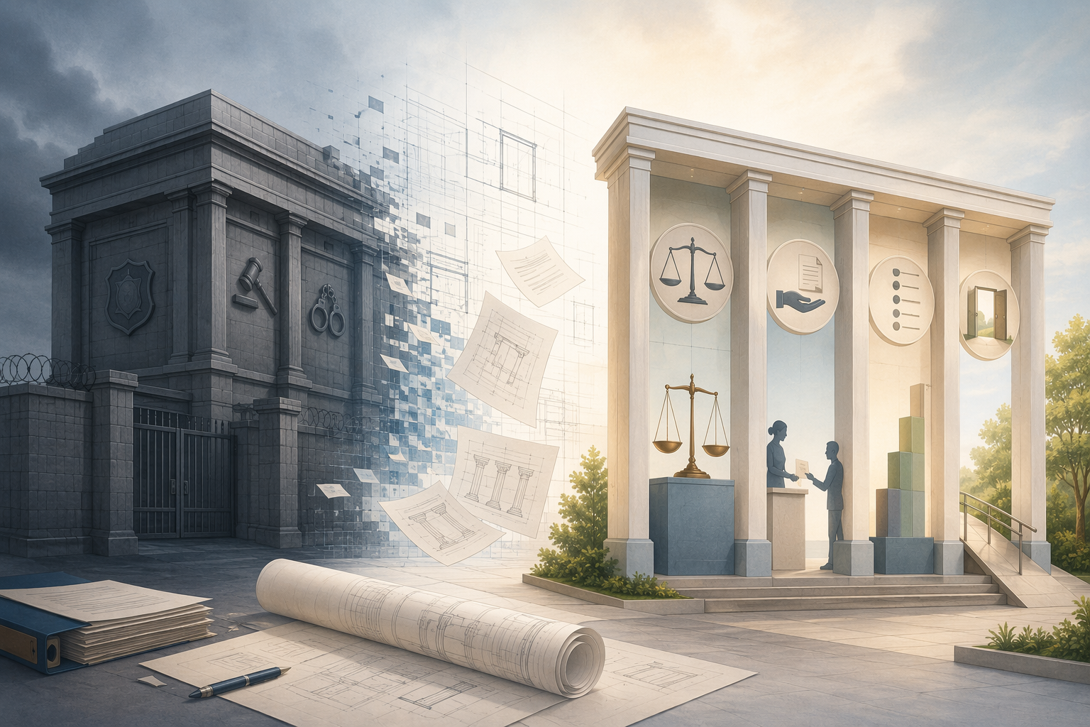 Architectural illustration of a dark institutional structure transforming into four lighter legal framework pillars
