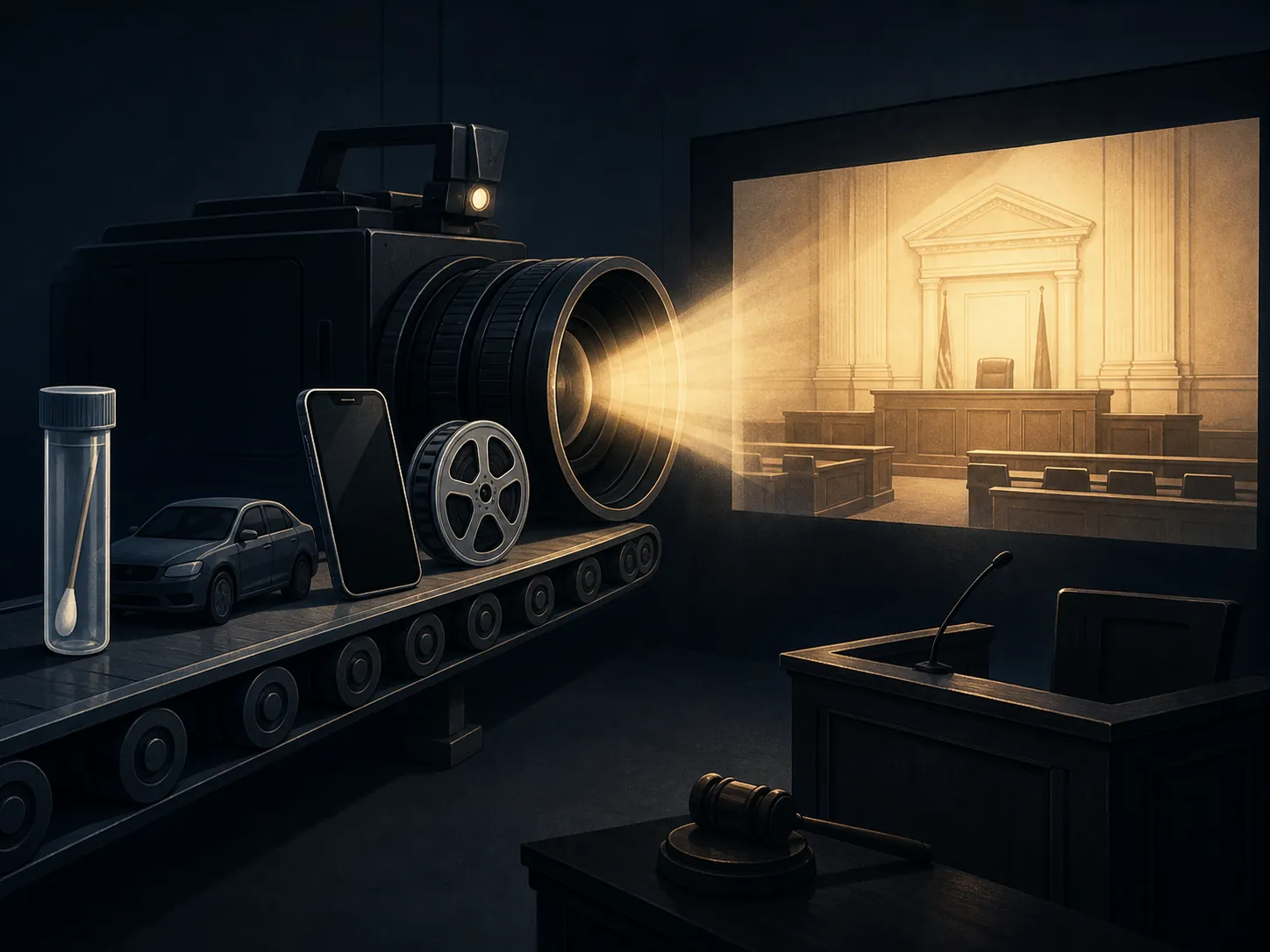 Evidence items moving into a documentary camera lens while an empty witness stand and unused gavel sit in shadow