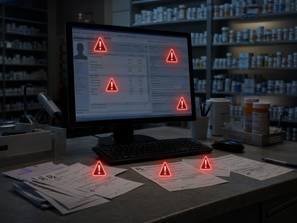 Pharmacist workstation with prescription paperwork and digitally overlaid red warning flags