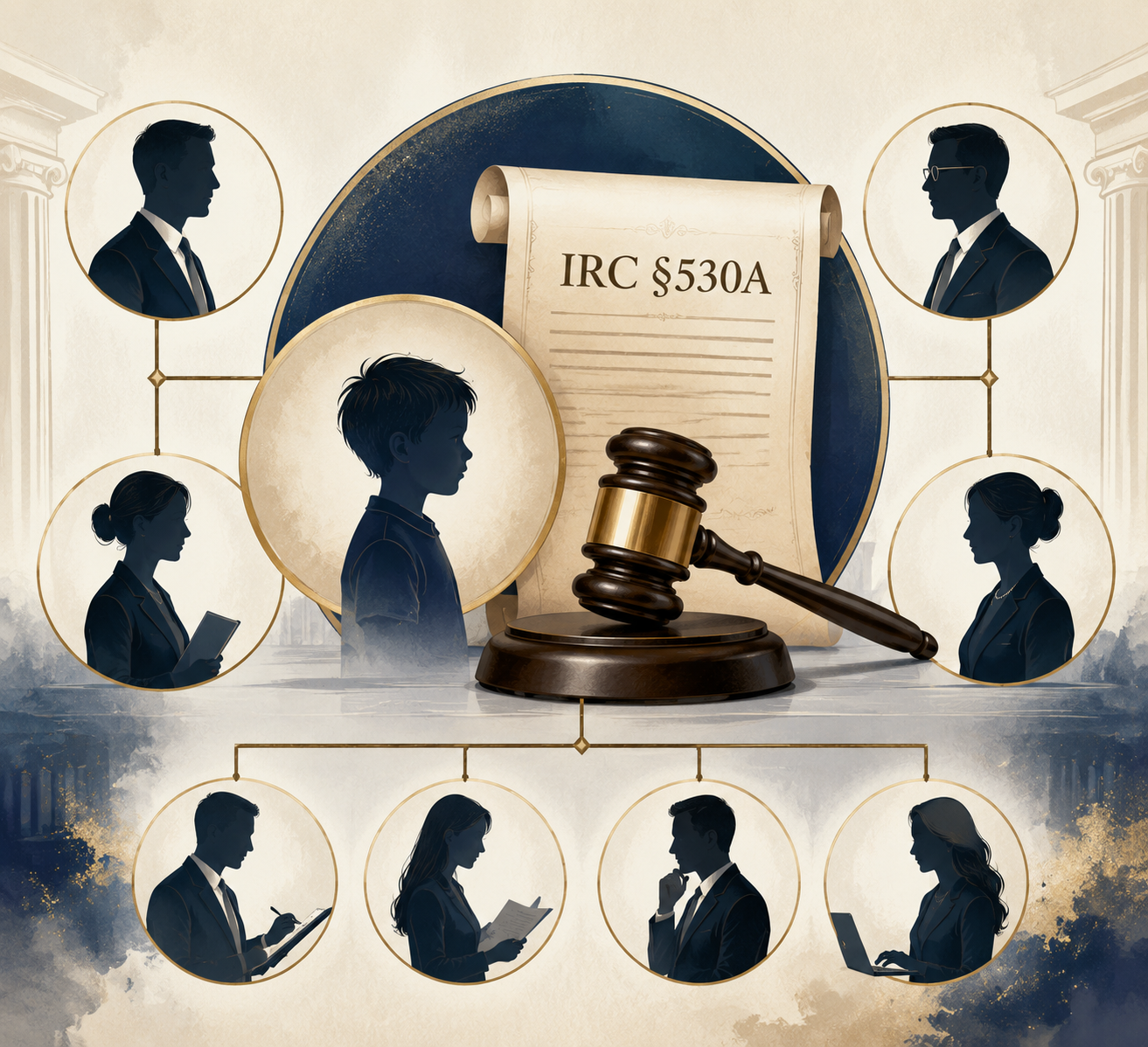 Gavel beside a scroll labeled IRC §530A with child and adult figures in a legal hierarchy