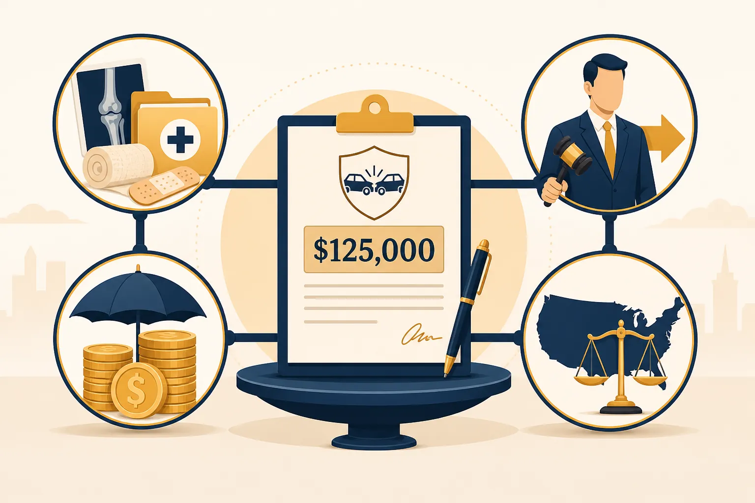 Settlement document connected to injury severity, liability clarity, policy limits, and state jurisdiction rules