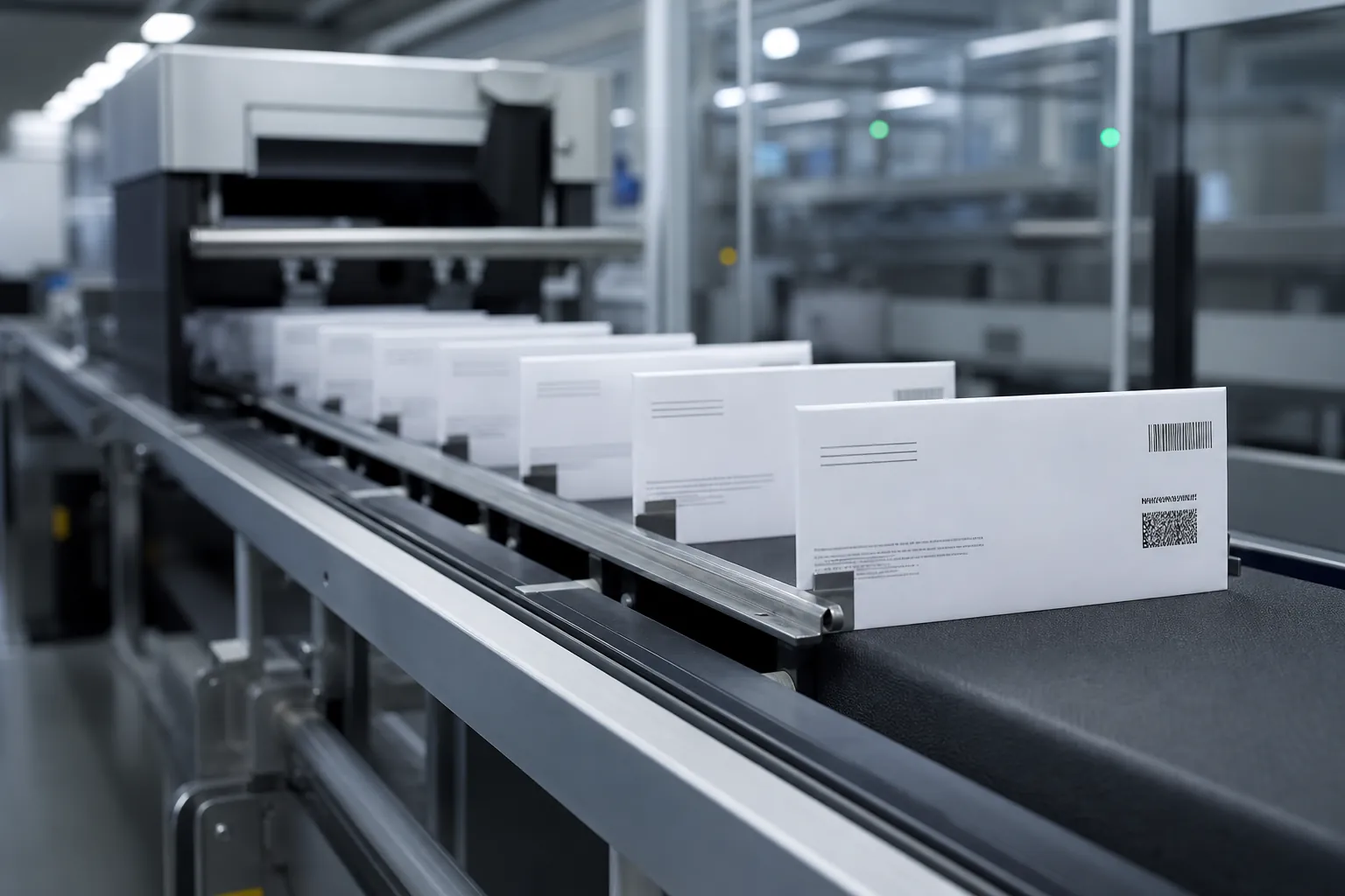 Election-mail envelopes with barcodes and address blocks moving through an automated postal sorting facility