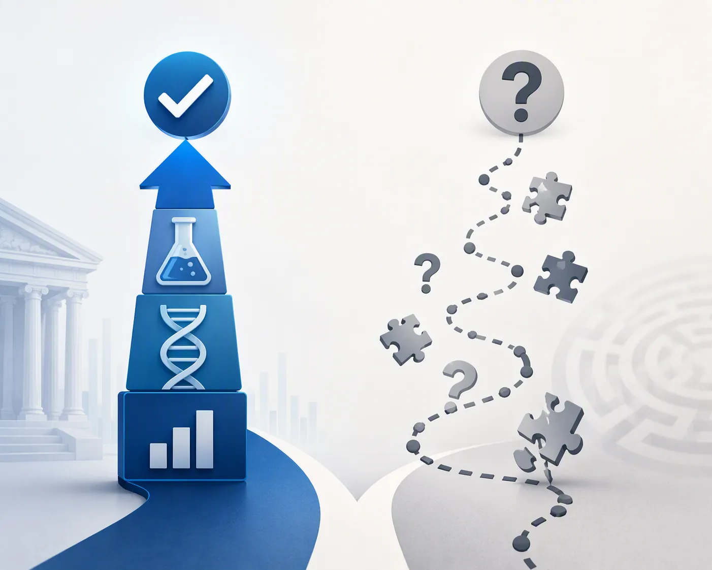 Two illustrated paths contrasting a scientific evidence route with a broken assumption-based route