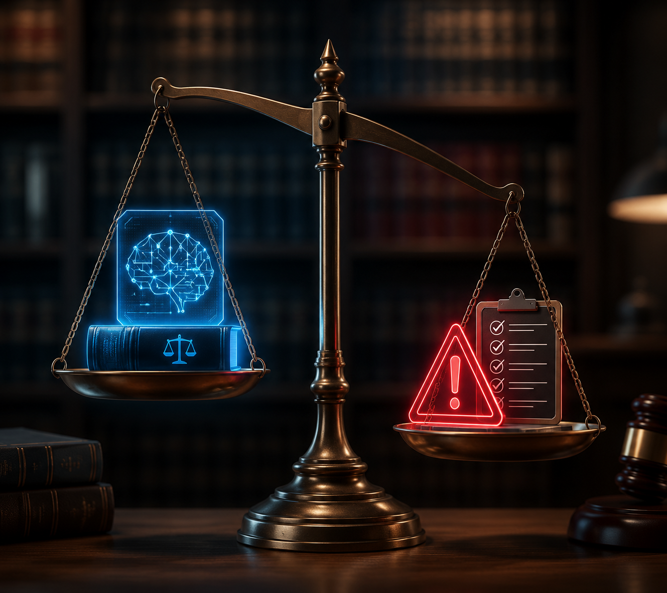 Legal scale balancing AI legal research adoption against verification risk