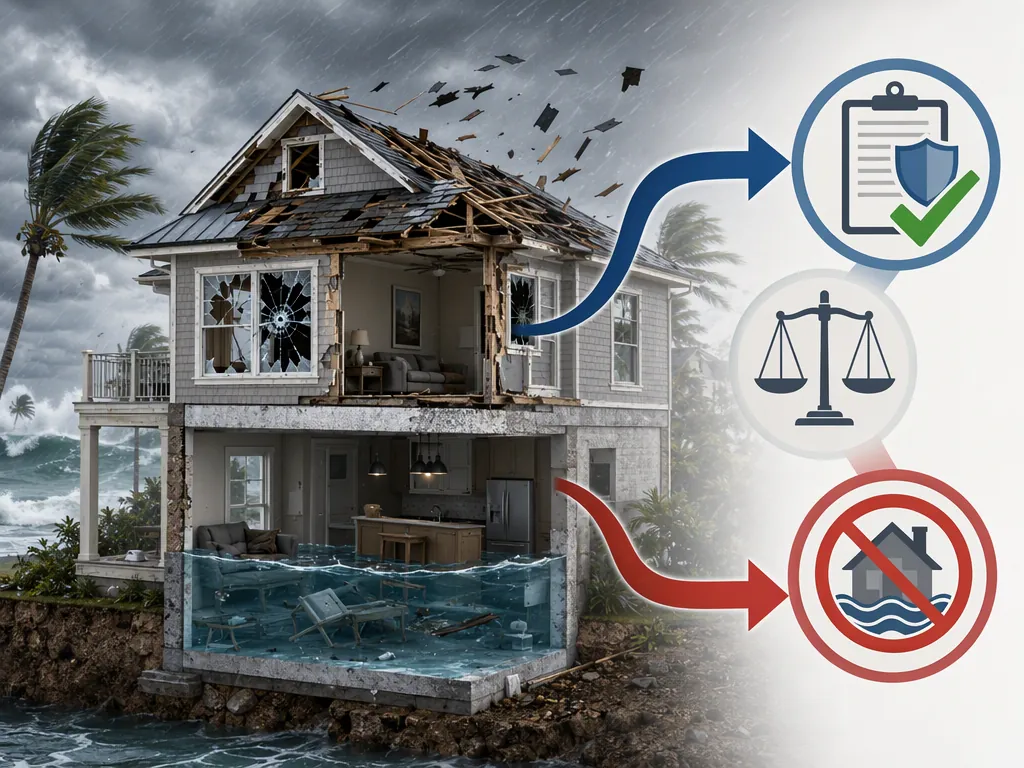 Coastal property cross-section showing wind damage above and floodwater below leading toward different insurance outcomes