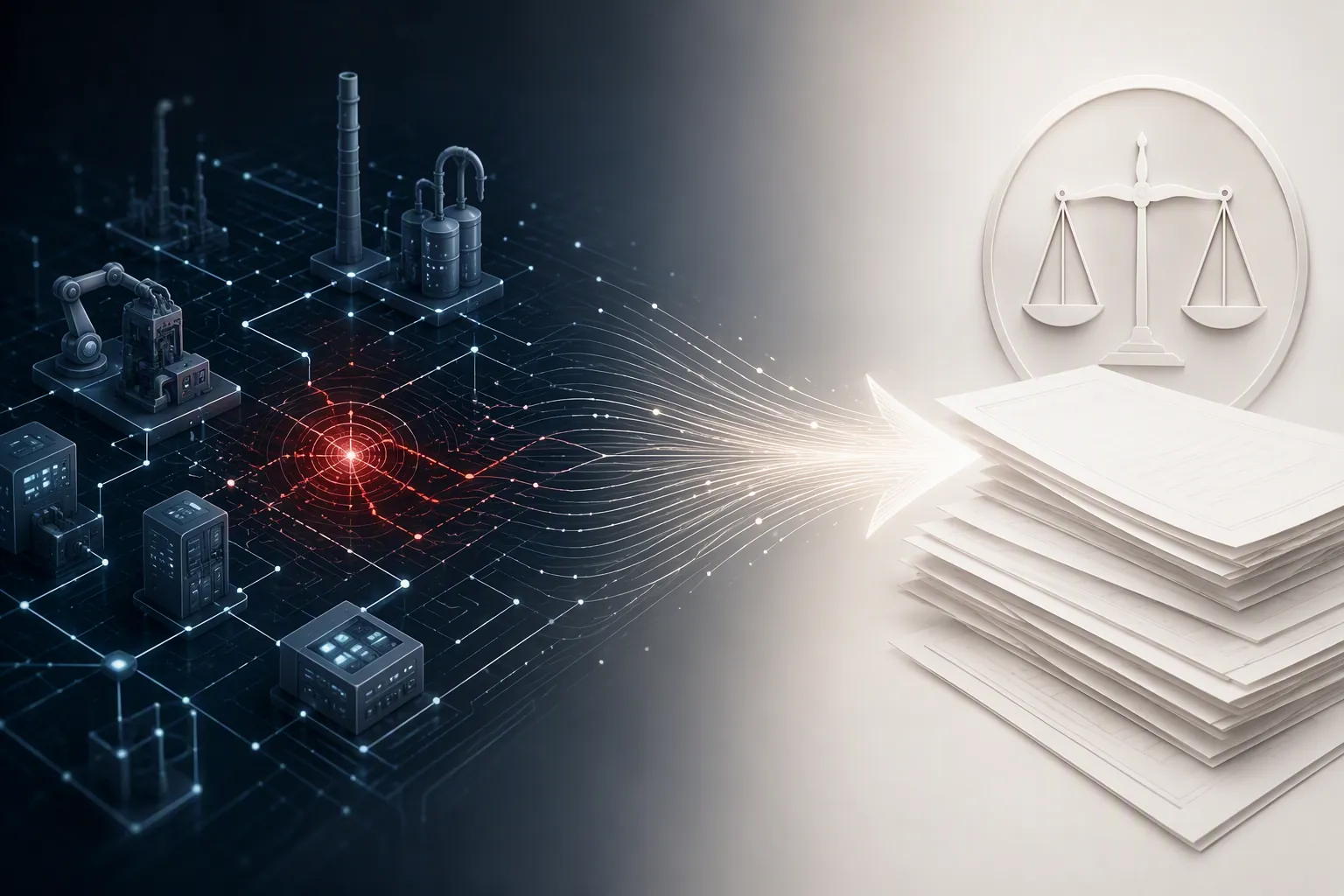 Industrial control network breach flowing into legal documents and scales of justice