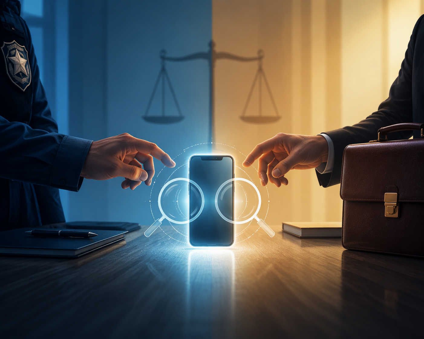 Smartphone on a table with two sets of hands approaching from opposite sides.