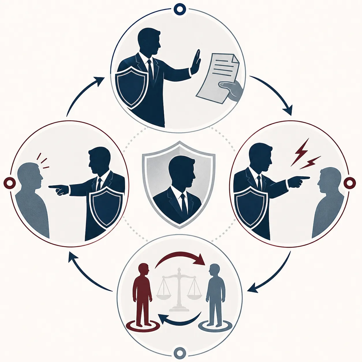 Circular diagram showing deny, attack, and reversal stages of DARVO in a legal context