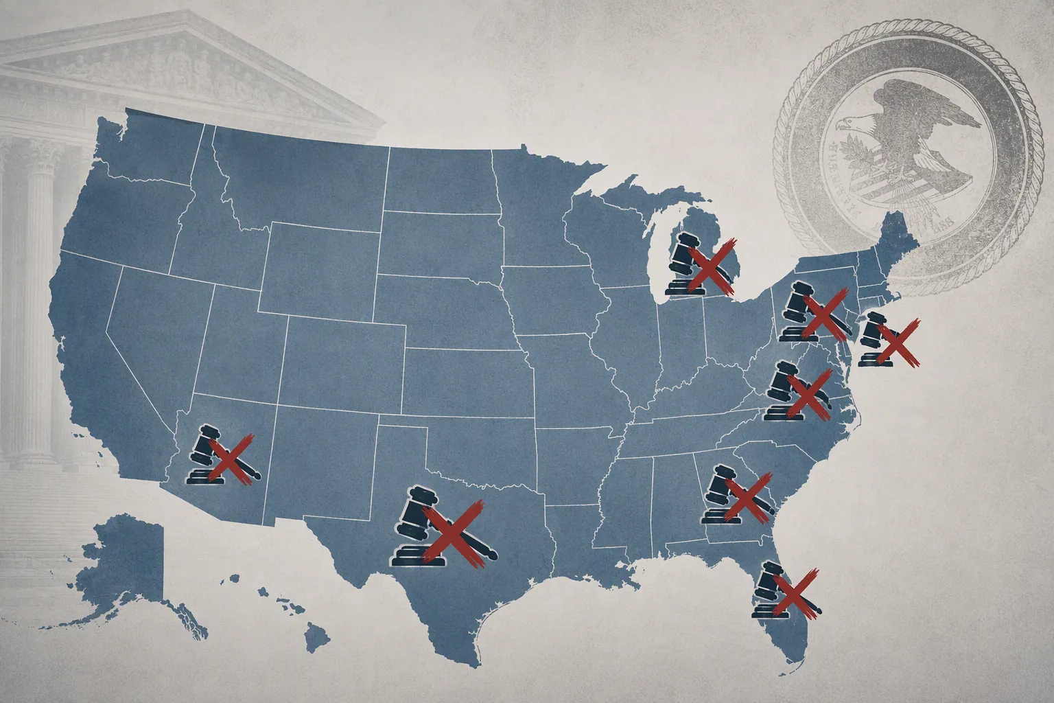 Map of the United States with rejected legal markers showing failed federal court efforts to obtain state voter databases