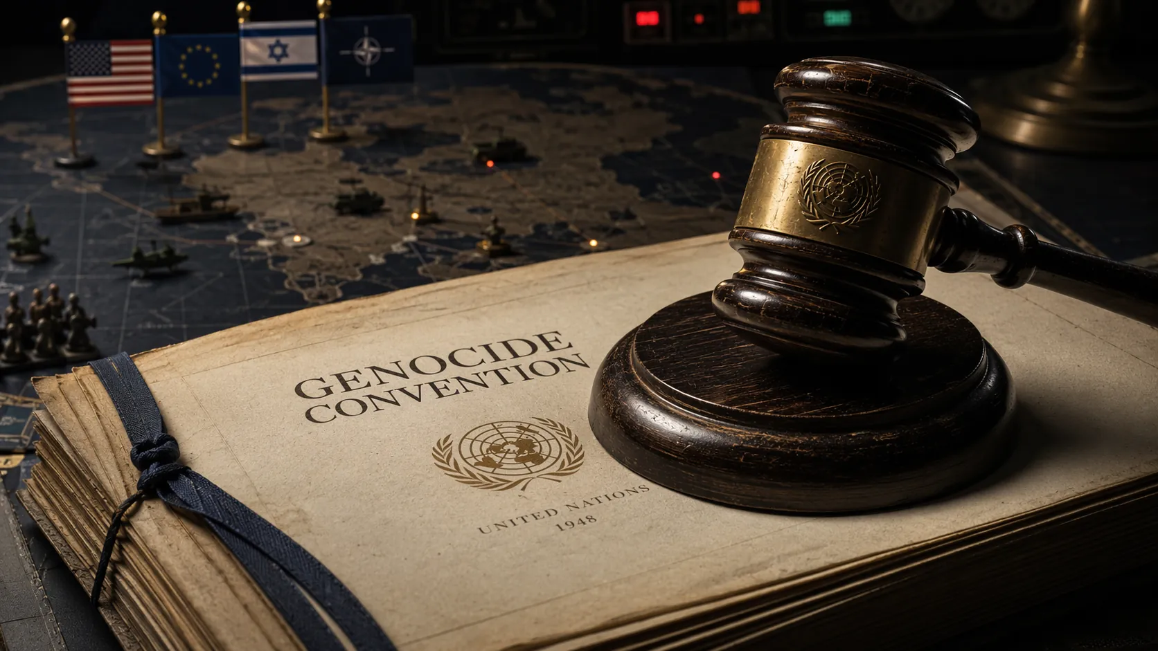 A gavel on treaty documents with a military command map in the background