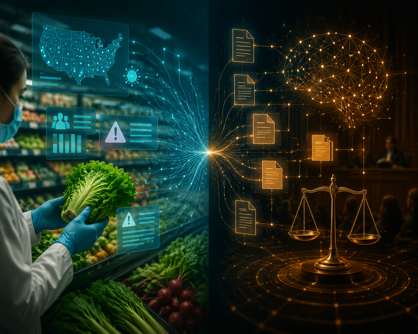 Supermarket lettuce aisle connected to CDC outbreak alerts, legal data streams, AI analysis nodes, and a digital courtroom scale