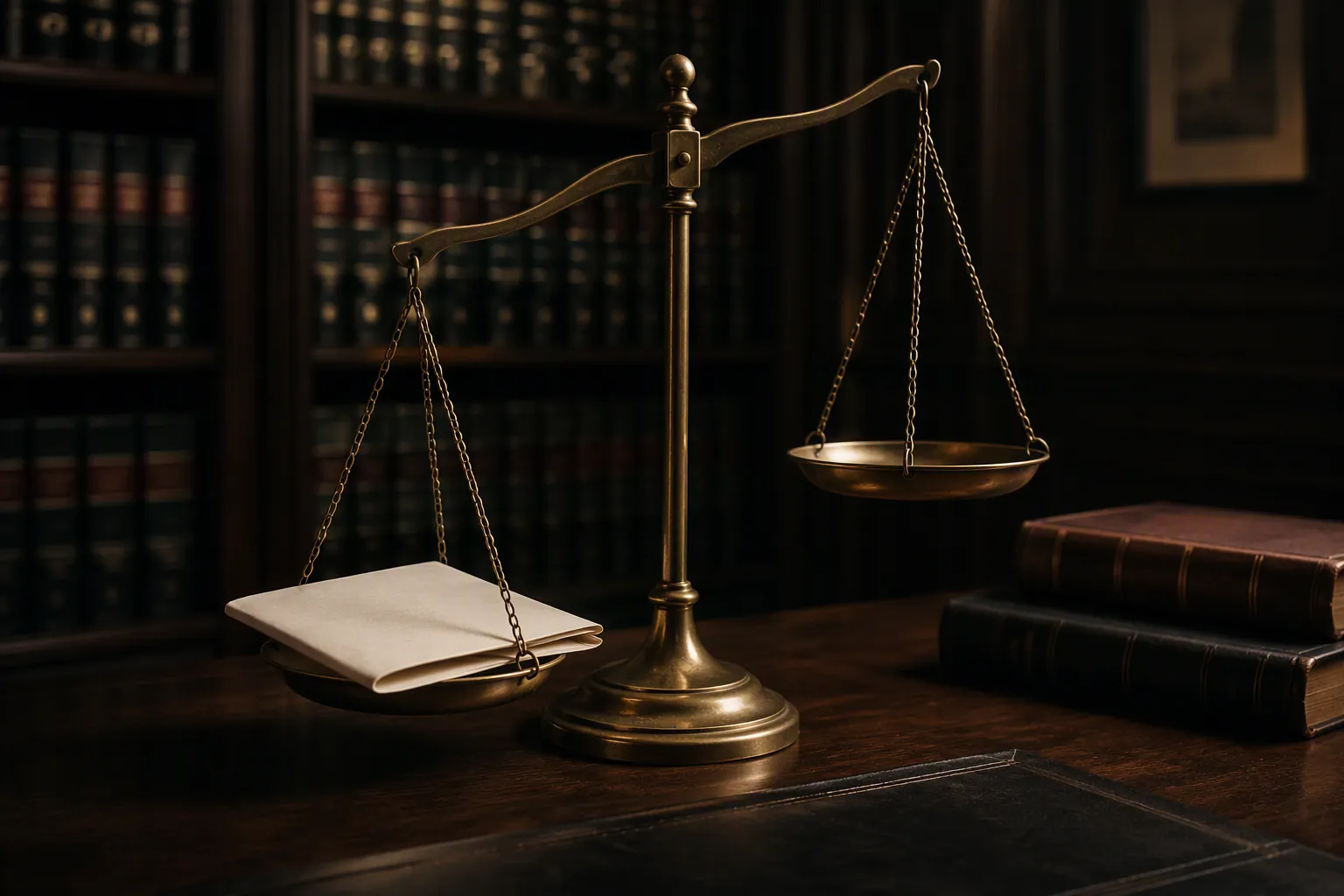 Brass scales of justice tipped by a folded legal document on a dark wooden desk