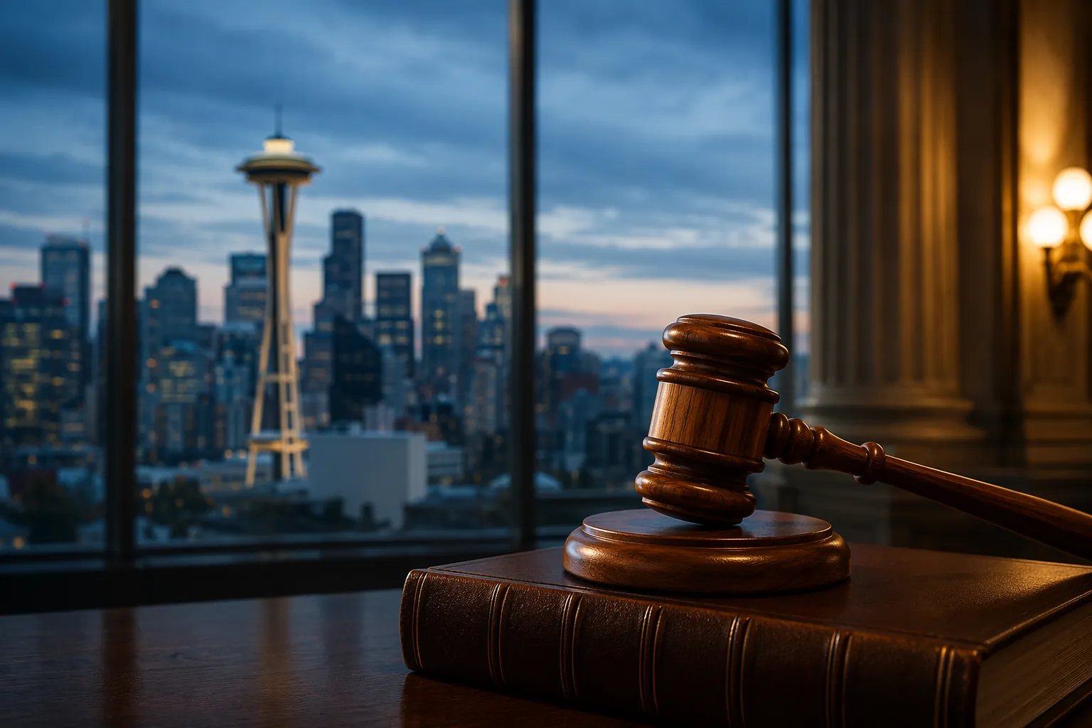 Gavel on an open law book with the Seattle skyline and Space Needle in the background