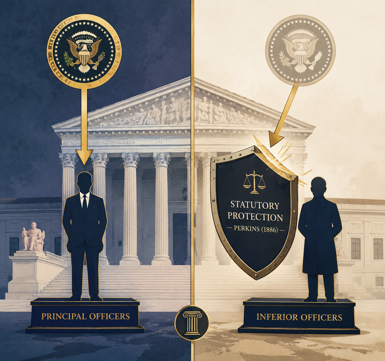 Illustration of a constitutional boundary between principal officers subject to at-will removal and inferior officers protected by statute under Perkins