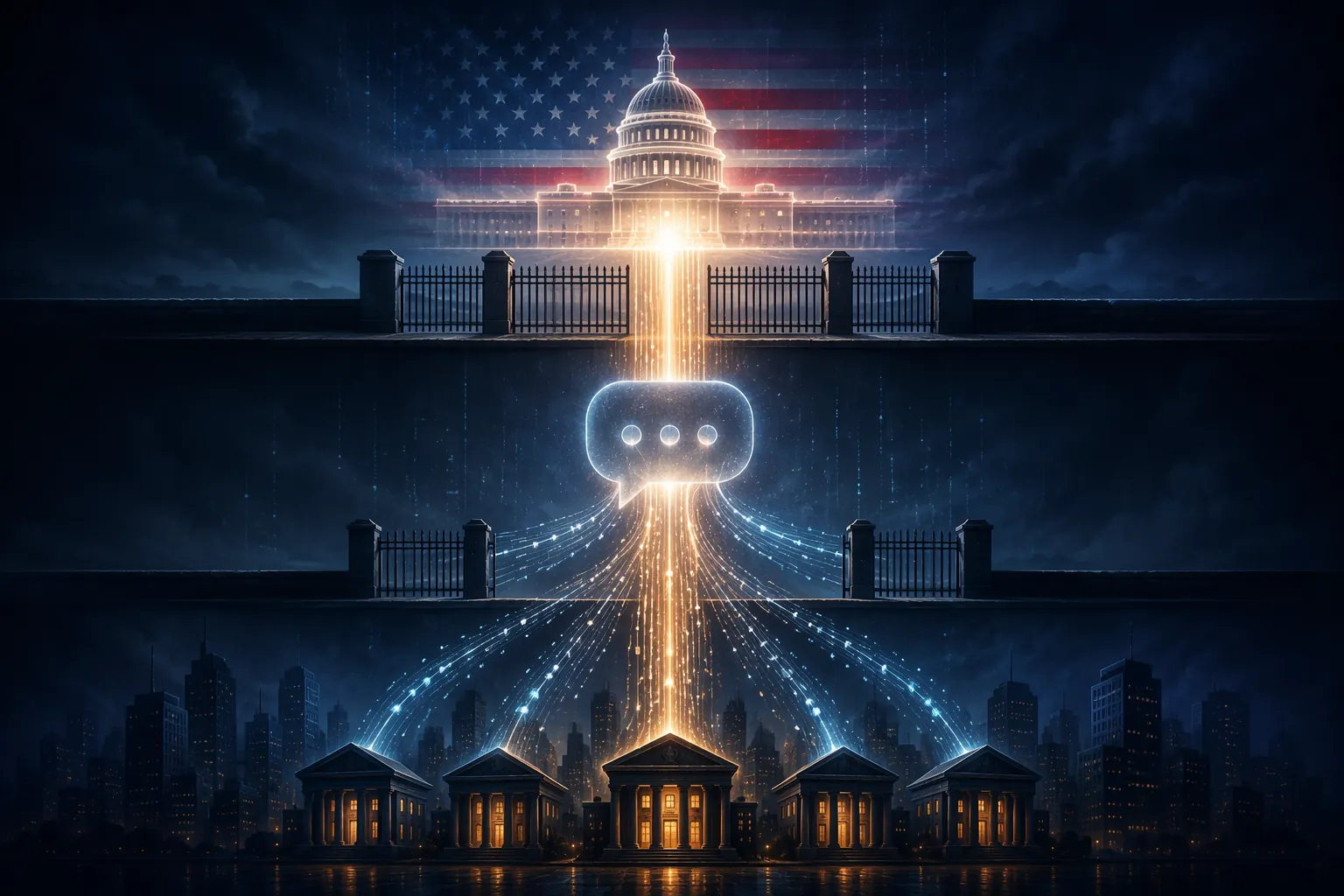 Government building signal passing through a speech bubble into financial institution data streams
