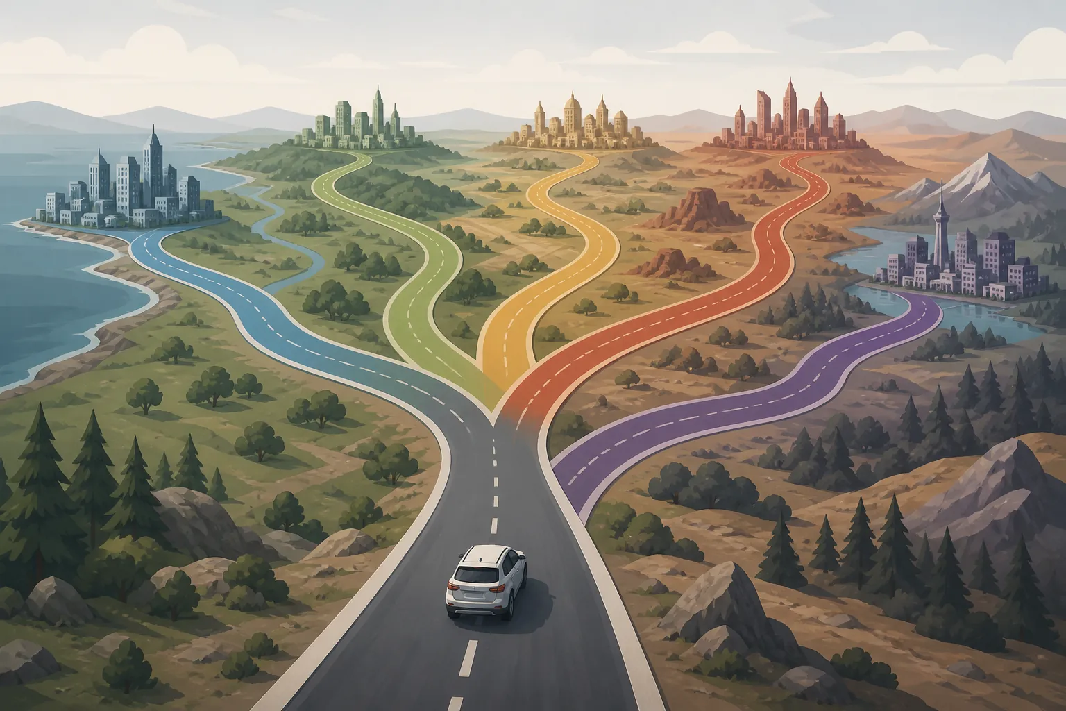 A highway splitting into several routes toward different cities