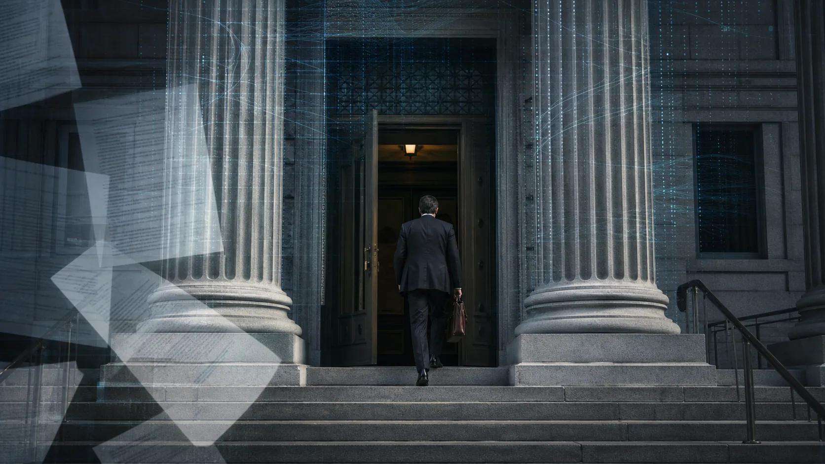Connecticut courthouse entrance with digital grid effects and floating legal documents