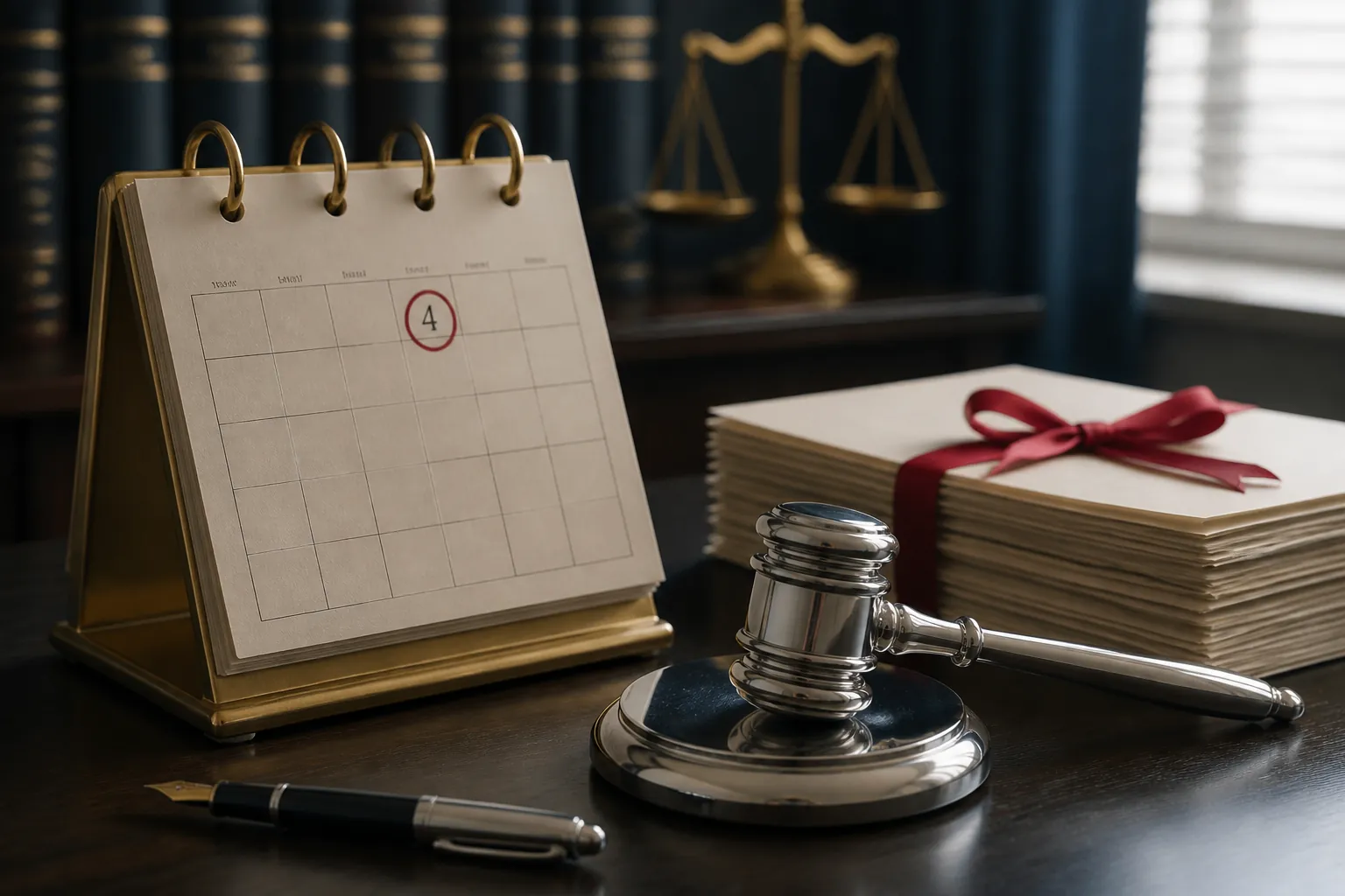 Lawyer's desk with a December calendar showing the 4th marked, a gavel, legislative documents, and a fountain pen