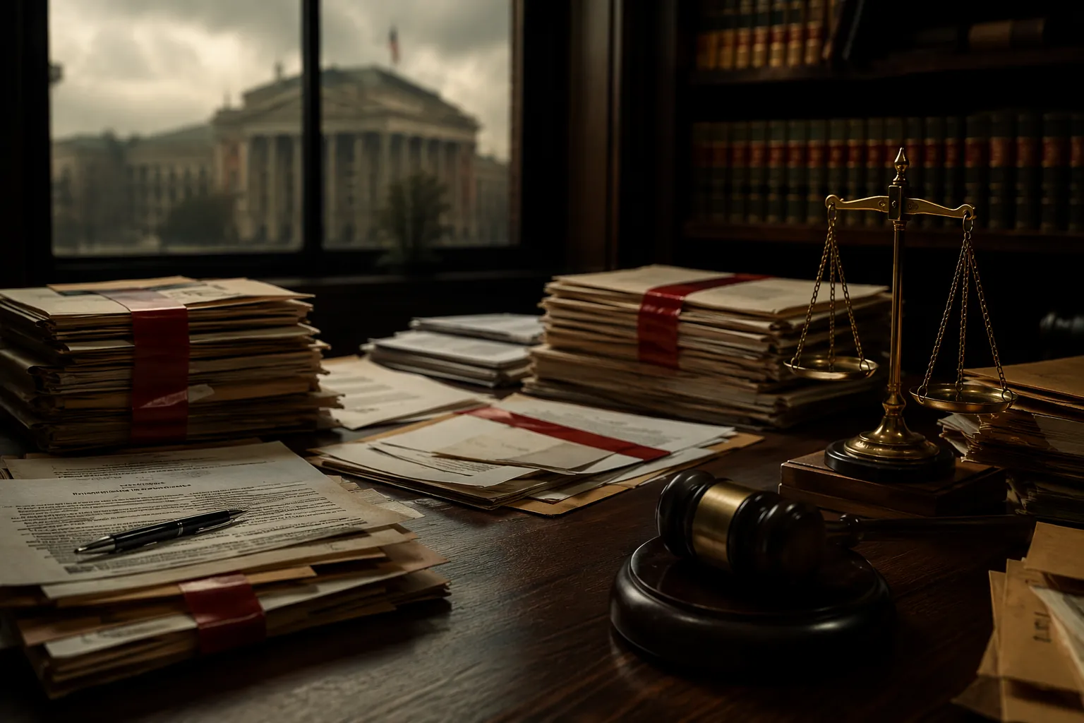 Legal documents, a gavel, and scales of justice on a law office desk
