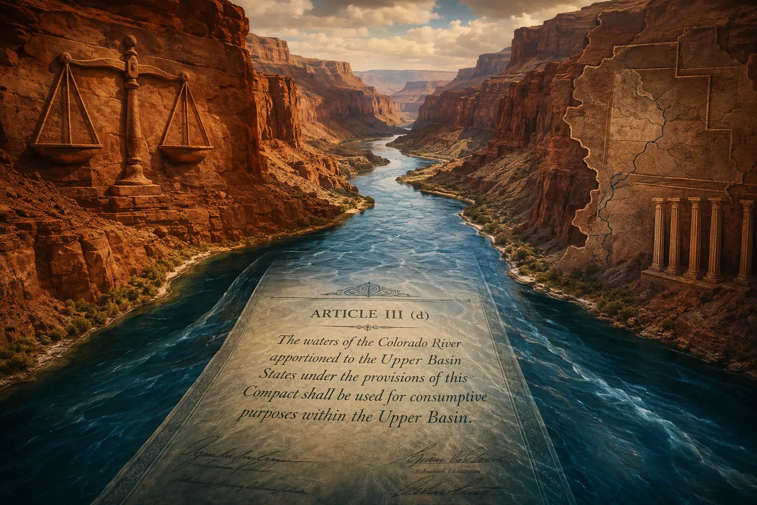 Colorado River winding through a red-rock canyon with faint legal documents and scales of justice embedded in the landscape