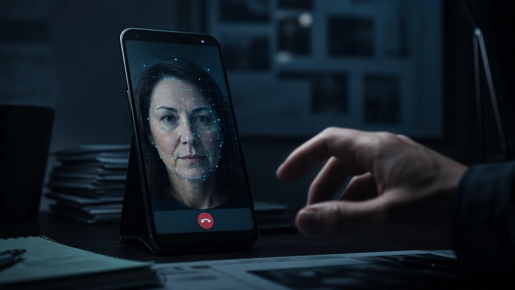 Smartphone video-call portrait with facial-mapping scan overlay in a forensic desk setting