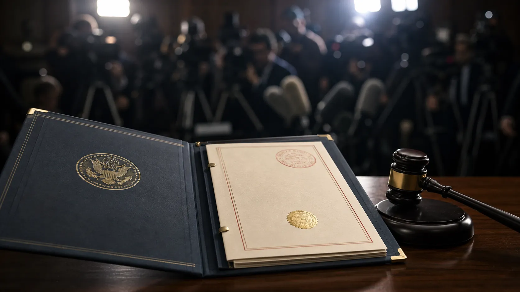 Open federal court case file on a dark wooden desk with a gavel and blurred press cameras in the background
